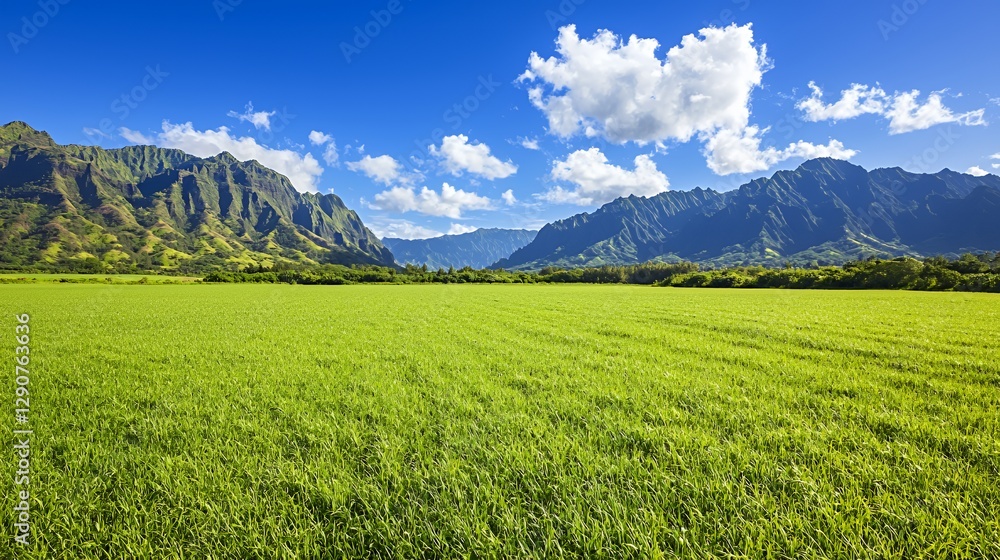 Fototapeta premium Lush Green Field Surrounded by Majestic Mountains Under a Bright Blue Sky