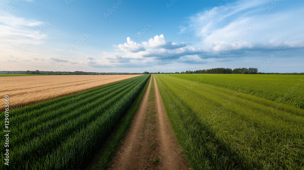 A peaceful rural scene with two divided fields, each showcasing a different season A peaceful rural scene with two divided fields, each showcasing a different season