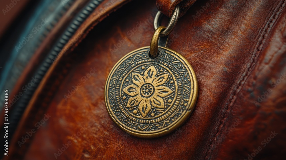 Fototapeta premium Detailed close-up of a decorative metal charm on a brown leather bag