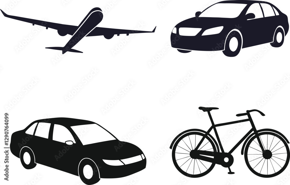 Fototapeta premium Simple Black Silhouette Icons of Airplane, Car, and Bicycle