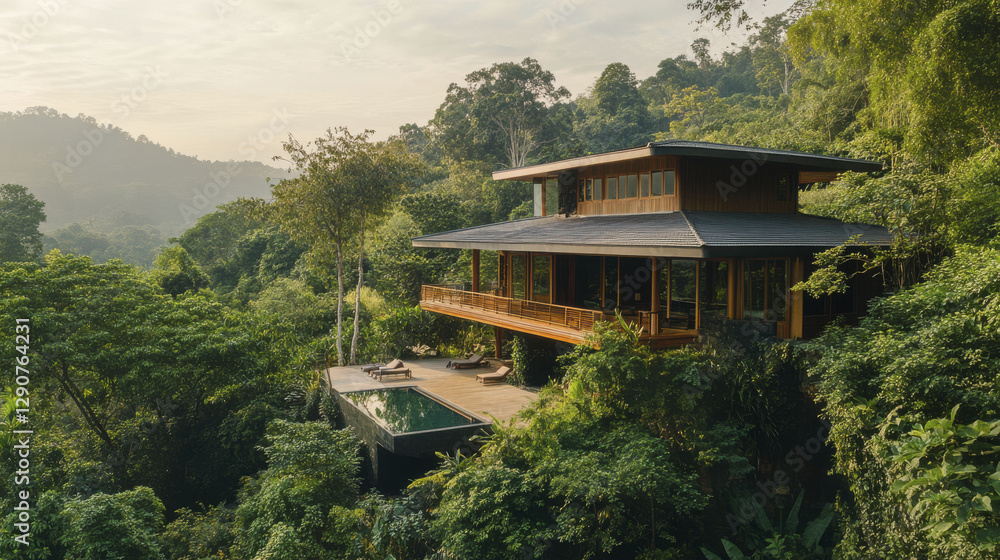 modern house surrounded by lush greenery, featuring pool and scenic mountain views. This tranquil retreat offers perfect escape into nature modern house surrounded by lush greenery, featuring pool and scenic mountain views. This tranquil retreat offers perfect escape into nature