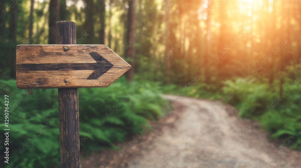 Wooden sign post directing to a serene path in a lush green forest during sunset light. Wooden sign post directing to a serene path in a lush green forest during sunset light.