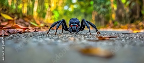 Black spider on path, forest background, nature macro