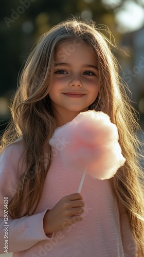 Young Girl Enjoying Cotton Candy While Smiling in a Bright, Natural Light Set...