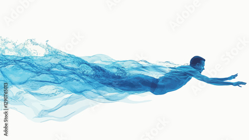 The image is a digital rendering depicting an abstract figure of a person in a swimming motion. The figure is rendered in shades of blue, appearing as though it is composed of or enveloped in a