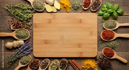 variety of herbs and spices around empty cutting board on rustic wooden background, top view.Creative and national cuisine and cooking concept. photo