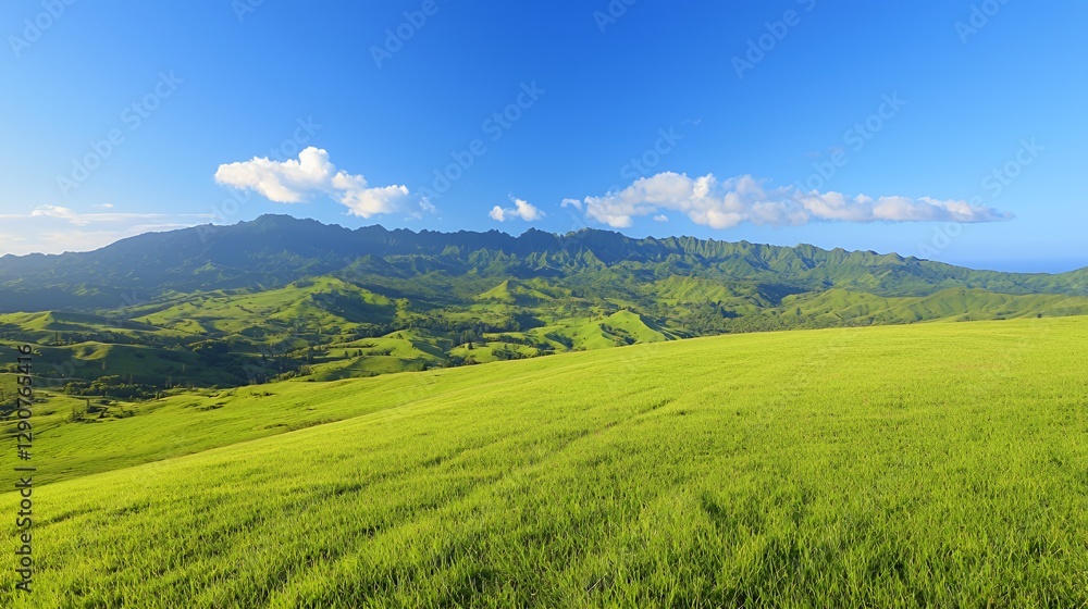 Panoramic View of Lush Green Hills and Field Under a Bright Blue Sky Panoramic View of Lush Green Hills and Field Under a Bright Blue Sky