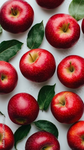 Fresh Red Apples Arranged With Green Leaves on a White Background Showcasing ...