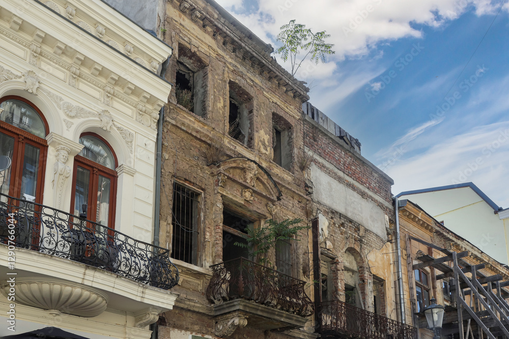 Fototapeta premium Old architectural building in Bucharest showing neglect with trees growing from the rooftop on a bright day