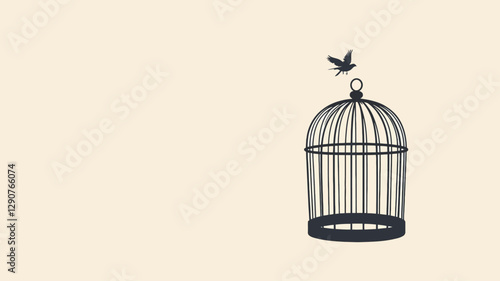 The image is a minimalist vector illustration featuring a black silhouette of a birdcage on a light beige background. A small bird silhouette is depicted flying away from the open top of the cage.