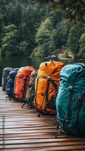 Backpacks Lined up on a Wooden Dock by a Serene Lake Surrounded by Forest in ...