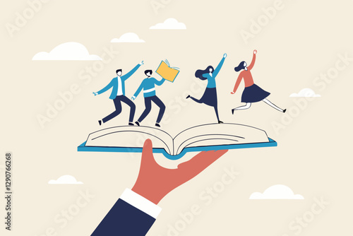 Employee handbook, manual for onboarding new staff, procedure or rule for welcome new hire to know company, business manual for success concept, businessman hand holding handbook with new employees.