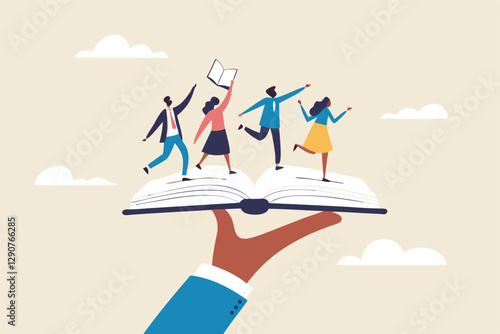 Employee handbook, manual for onboarding new staff, procedure or rule for welcome new hire to know company, business manual for success concept, businessman hand holding handbook with new employees.