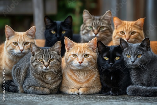 Four Cats of Different Colors Gazing Intently at a Distant Point in an Outdoo...