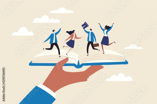 Employee handbook, manual for onboarding new staff, procedure or rule for welcome new hire to know company, business manual for success concept, businessman hand holding handbook with new employees.