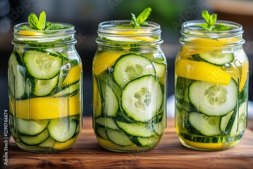 Cucumber and Lemon Pickle Jars Filled With Fresh Ingredients on a Kitchen Cou...
