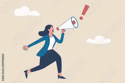 Attention announcement, important message or communicate broadcasting, loudspeaker or exclamation point loud voice concept, confidence businesswoman talking on megaphone with exclamation attention.