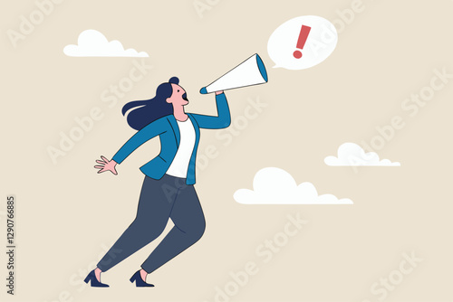 Attention announcement, important message or communicate broadcasting, loudspeaker or exclamation point loud voice concept, confidence businesswoman talking on megaphone with exclamation attention.