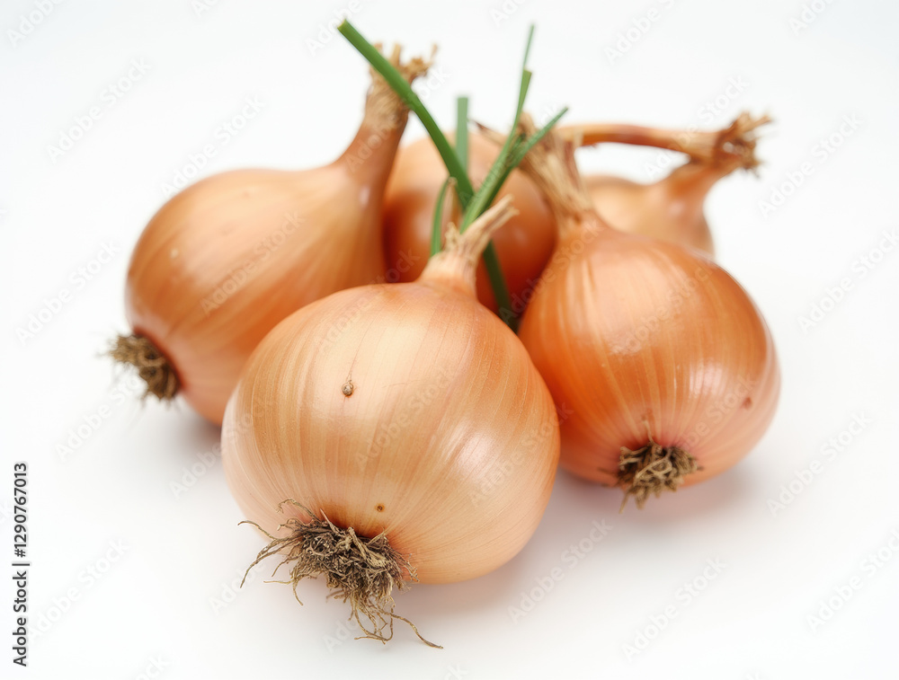 Onion heads are golden in color on a white background. Onion heads are golden in color on a white background.