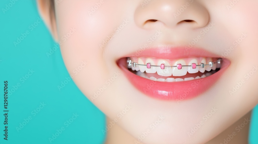 Fototapeta premium A close-up of a young girl’s bright smile showcasing her braces against a turquoise background. The image highlights dental care, orthodontic treatment, and personal hygiene
