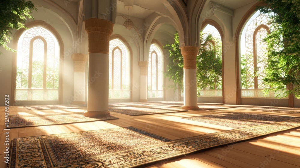 Fototapeta premium Serene Sunlit Interior of a Grand Hall with Lush Greenery