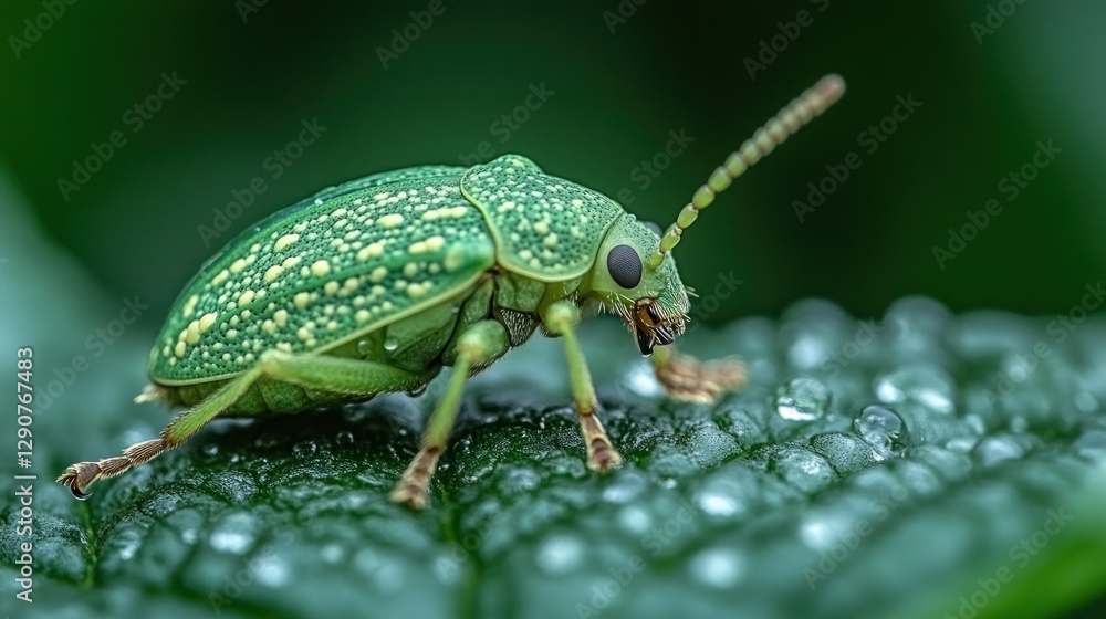 Green beetle on dewy leaf, macro shot, garden background, nature Green beetle on dewy leaf, macro shot, garden background, nature