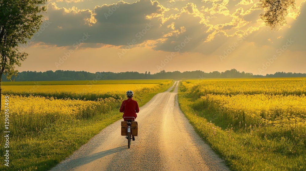 Fototapeta premium Cyclist on Country Road at Sunset