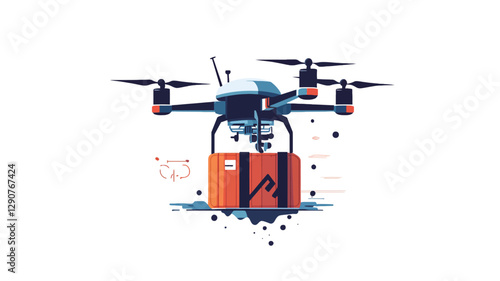A stylized illustration of a quadcopter drone carrying a rectangular package. The drone is depicted in shades of blue and dark gray, with the package rendered in orange.  The background is white