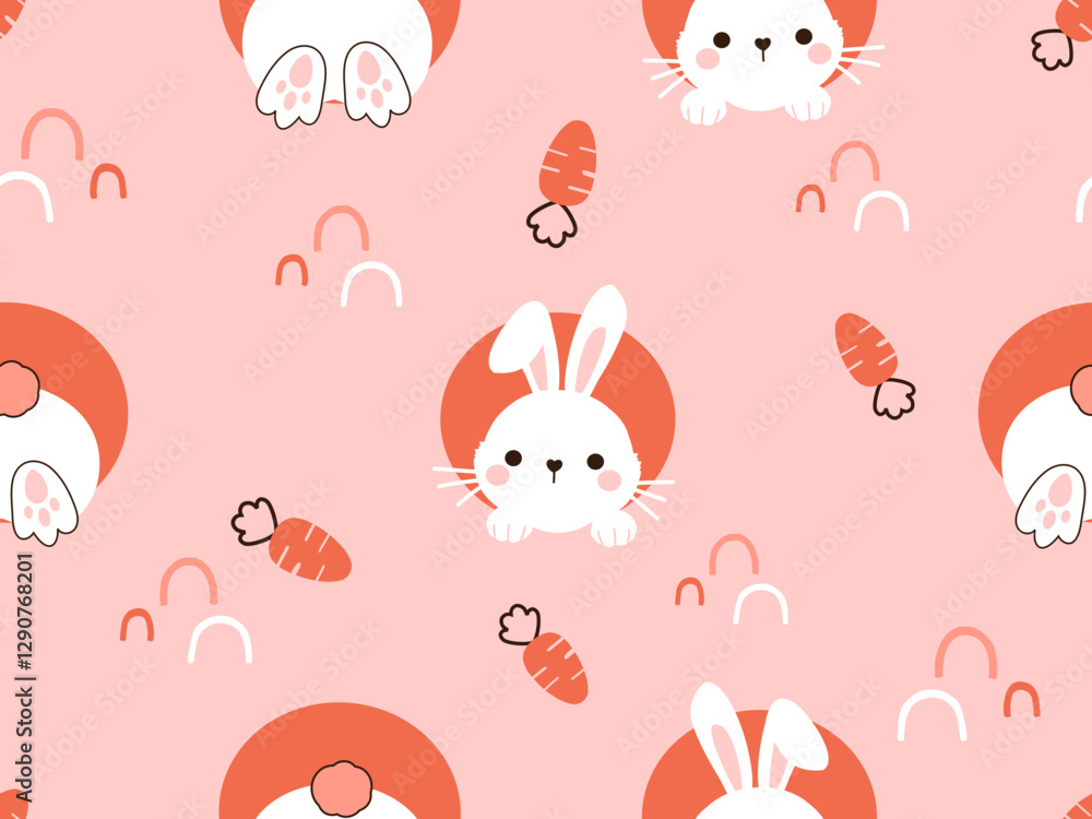 Fototapeta premium Seamless pattern of bunny rabbit in the hole and carrot on pink background vector.
