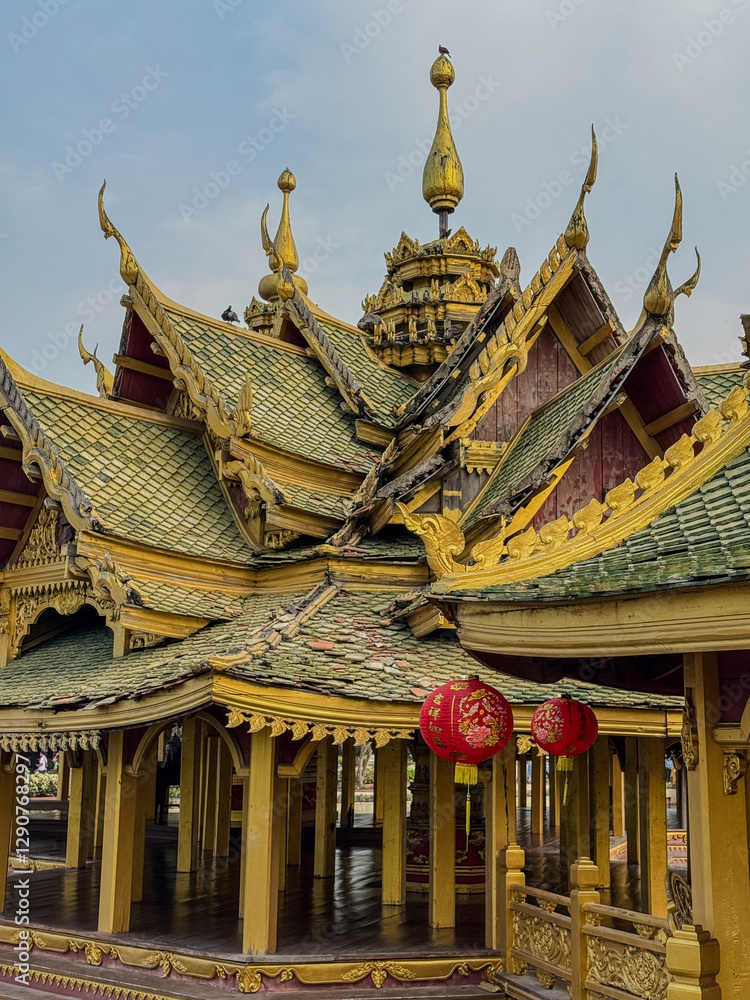 Fototapeta premium A beautifully designed pavilion with ornate details and vibrant lanterns, asian culture, temple