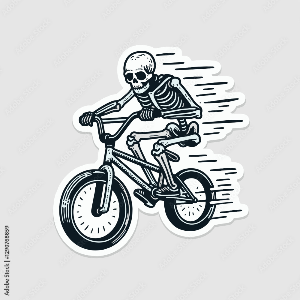 Skeleton Ridding Bike bmx with black white line drawing Skeleton Ridding Bike bmx with black white line drawing