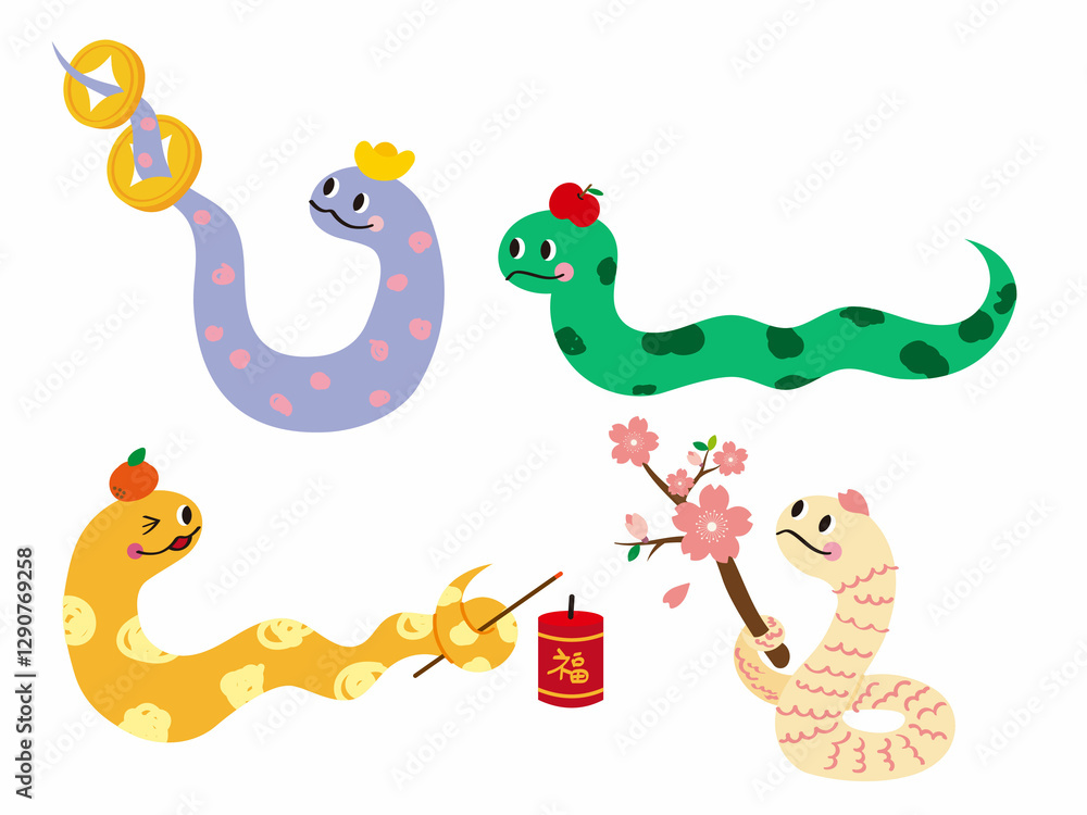 Obraz premium Cute Cartoon Snake Doodle Sticker Illustration Set