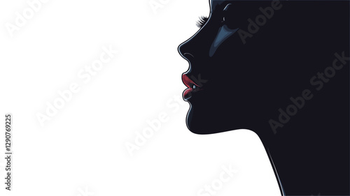 The image is a high-contrast, close-up profile portrait of a woman.  The subject is rendered primarily in dark tones, creating a silhouette effect against a bright white background.  Only the