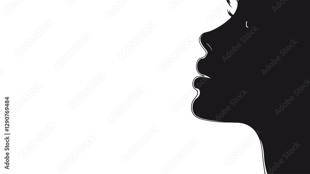 The image is a minimalist vector illustration featuring the profile of a woman's face. The silhouette is black against a white background. The woman's lips are highlighted in a dark red color. The The image is a minimalist vector illustration featuring the profile of a woman's face. The silhouette is black against a white background. The woman's lips are highlighted in a dark red color. The