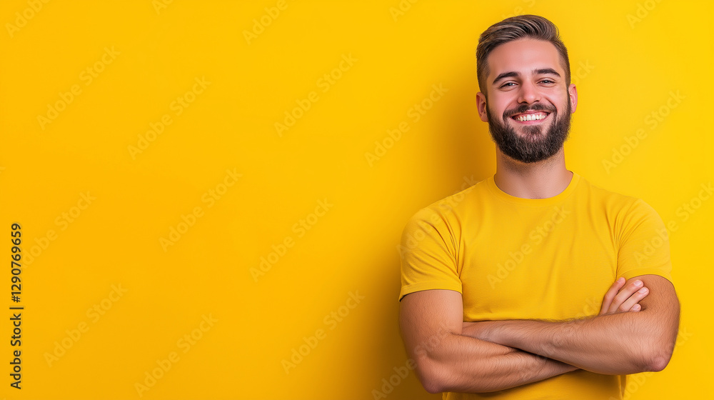 A cheerful bearded man stands confidently against a vibrant background, wearing a casual t-shirt with arms crossed. His joyful smile radiates positivity and self-confidence. A cheerful bearded man stands confidently against a vibrant background, wearing a casual t-shirt with arms crossed. His joyful smile radiates positivity and self-confidence.
