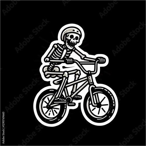 Skeleton Ridding Bike bmx with black white line drawing 