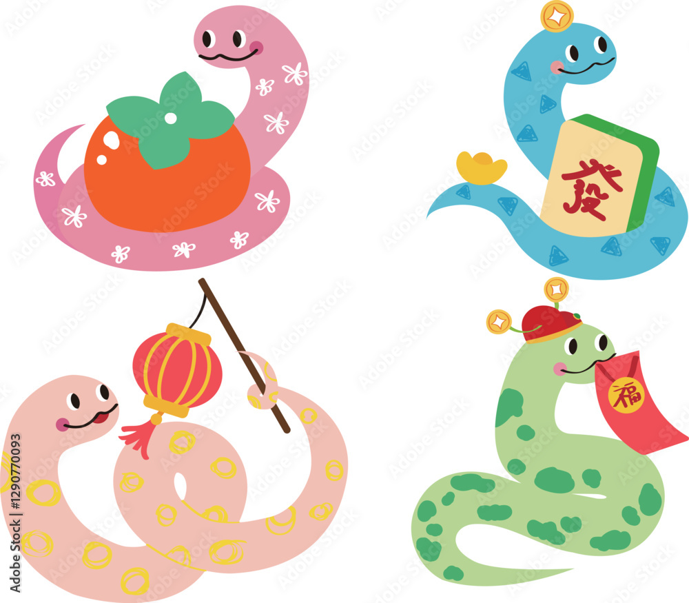 Obraz premium Cute Cartoon Snake Doodle Sticker Festive Illustration Set