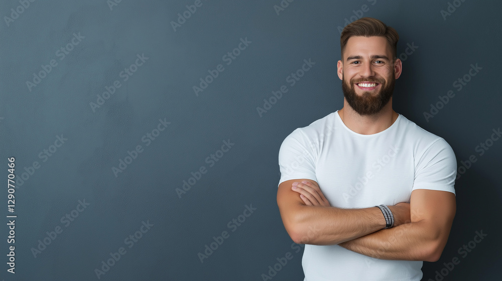A lively bearded man with an infectious smile stands tall with arms crossed. His casual clothing and confident posture capture an uplifting, joyful energy. A lively bearded man with an infectious smile stands tall with arms crossed. His casual clothing and confident posture capture an uplifting, joyful energy.