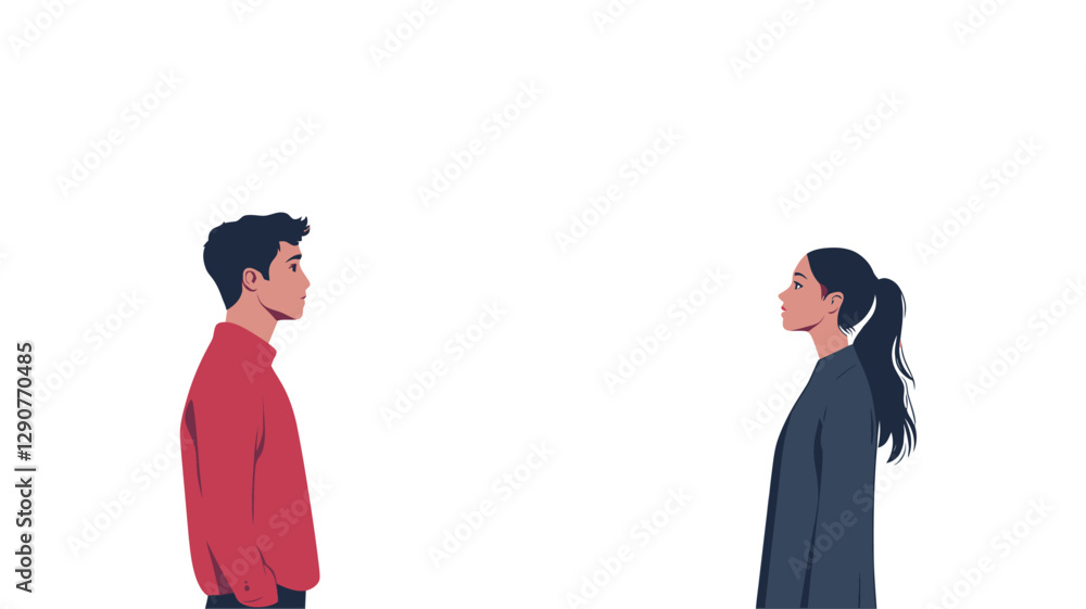 Fototapeta premium A digital illustration depicts a man and a woman standing in profile view, facing each other. The figures are simplified, using flat color blocks and minimal detail. The background is plain white.