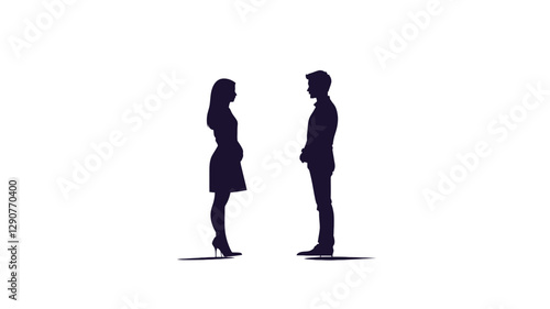 The image shows two dark silhouettes, a man and a woman, standing opposite each other against a pure white background.  Both figures are rendered in a simple, minimalist style with subtle shadowing