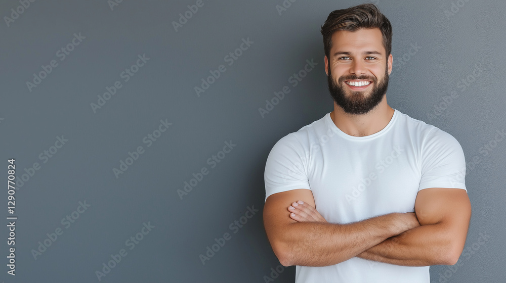 A bearded man with a joyful expression stands confidently in a casual t-shirt. His bright smile and relaxed arms-crossed pose reflect positivity and self-confidence. A bearded man with a joyful expression stands confidently in a casual t-shirt. His bright smile and relaxed arms-crossed pose reflect positivity and self-confidence.