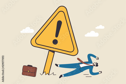 Caution or mistake attention, risk alarm with exclamation point symbol, error or failure warning, bankruptcy notice alert, problem attention concept, frustrated businessman fall under attention sign.