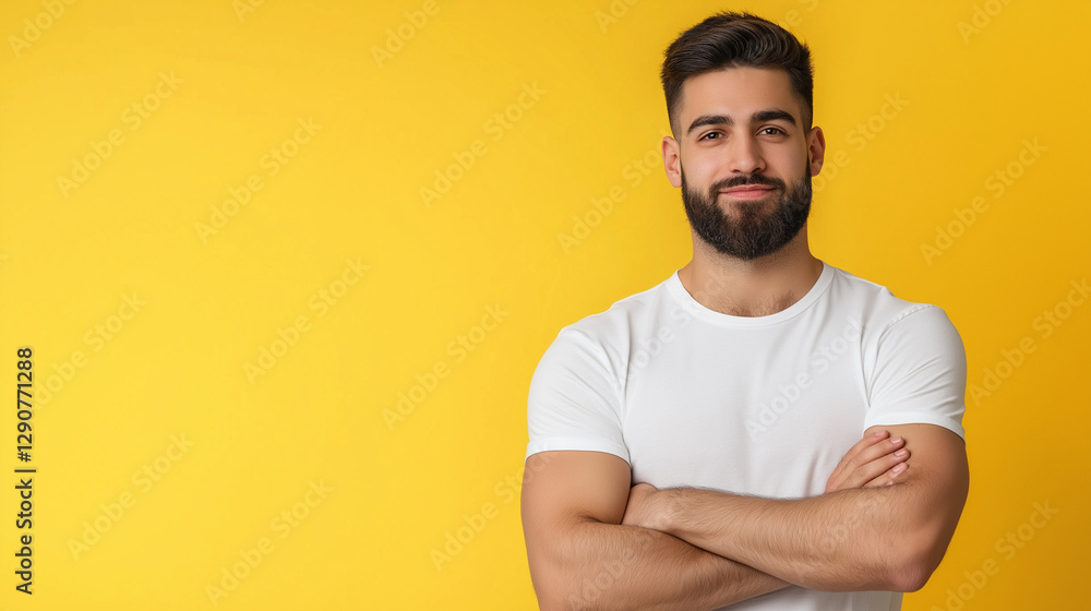 A confident bearded man in a casual t-shirt poses with arms crossed, his happy expression glowing against a warm background. The portrait embodies self-assurance and positivity. A confident bearded man in a casual t-shirt poses with arms crossed, his happy expression glowing against a warm background. The portrait embodies self-assurance and positivity.