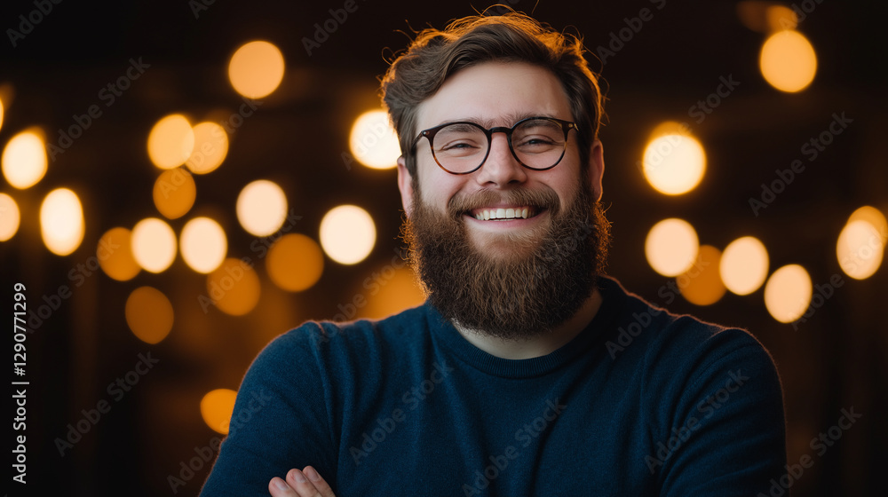A bearded man with a big, joyful smile and arms crossed stands in front of a softly lit background. His casual outfit and confident stance celebrate positive body image. A bearded man with a big, joyful smile and arms crossed stands in front of a softly lit background. His casual outfit and confident stance celebrate positive body image.