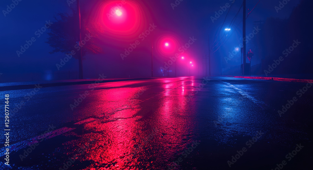Obraz premium A foggy street illuminated by pink and blue lights, reflecting on a wet surface.