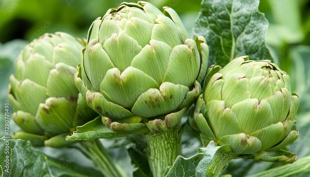 Obraz premium Close up of fresh, vibrant green artichoke buds thriving on the plant in a lush field.