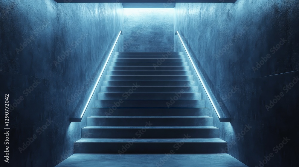 Fototapeta premium A staircase is lit up in blue
