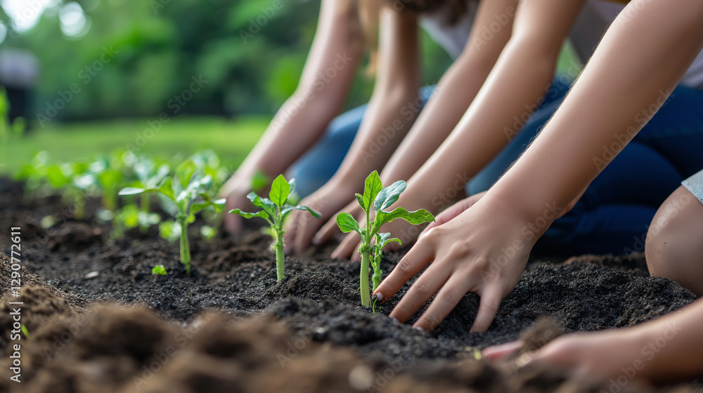 A close-up of teen girls' hands as they carefully plant young vegetables in the community garden, teamwork and environmental stewardship reflected in their focused expressions. A close-up of teen girls' hands as they carefully plant young vegetables in the community garden, teamwork and environmental stewardship reflected in their focused expressions.
