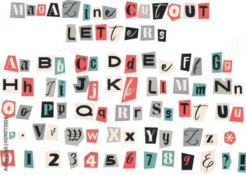 Magazine cutout letters. Criminal, blackmail, anonymous or detective font isolated on transparent background