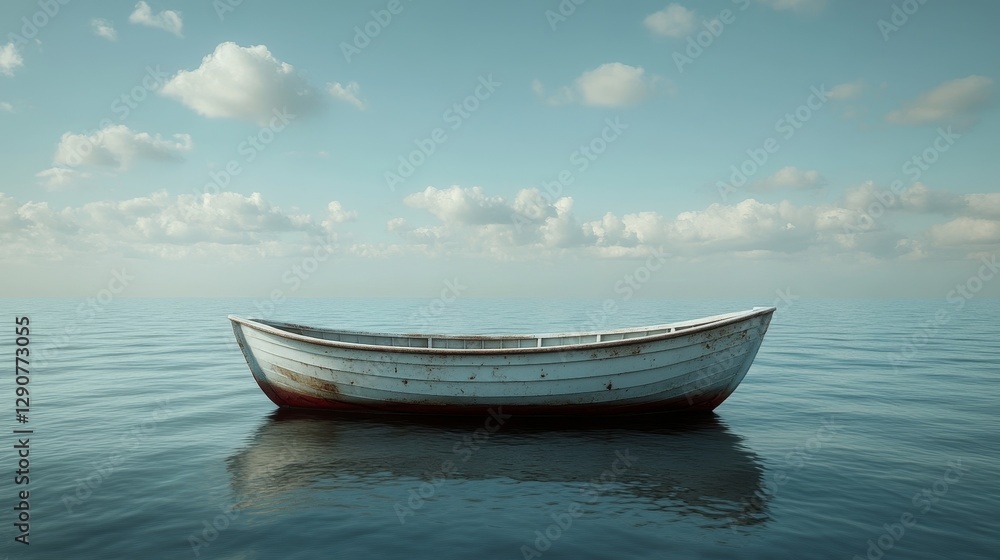 Naklejka premium A small boat is floating in the ocean with a cloudy sky in the background